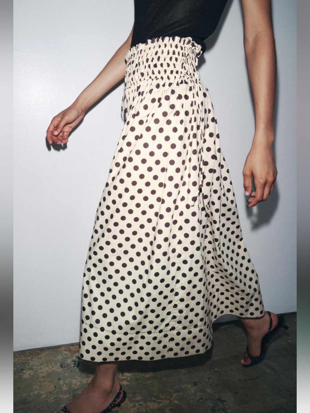 Zara Smocked Waist Polka Dot Maxi Skirt - Cream/Brown